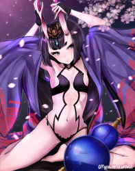 Rule 34 | 1girl, armpits, arms up, bad id, bad pixiv id, bare legs, bare shoulders, barefoot, black gloves, blunt bangs, blurry, blush, breasts, bridal gauntlets, cherry blossoms, closed mouth, collar, collarbone, eyeshadow, fate (series), foreshortening, glint, gloves, gourd, highres, horns, japanese clothes, kimono, long sleeves, looking at viewer, makeup, md5 mismatch, motion blur, navel, off shoulder, open clothes, open kimono, pecolondon, petals, resolution mismatch, revealing clothes, short hair, shuten douji (fate), shuten douji (first ascension) (fate), sideboob, sitting, skin-covered horns, small breasts, smile, solo, source smaller, stomach, thick eyebrows, thighs, tree, tsurime, twitter username, water, water drop, wet, wet hair, wide sleeves