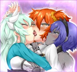 Rule 34 | 3girls, ahoge, aqua hair, bare shoulders, blush, grabbing another&#039;s breast, commentary request, dark skin, dark-skinned female, closed eyes, fate/grand order, fate/prototype, fate/prototype: fragments of blue and silver, fate (series), french kiss, fujimaru ritsuka (female), girl sandwich, grabbing, hassan of serenity (fate), heart, heart-shaped pupils, horns, hug, kiss, kiyohime (fate), licking, long hair, multiple girls, open mouth, orange hair, purple eyes, purple hair, restrained, saliva, saliva trail, sandwiched, short hair, side ponytail, symbol-shaped pupils, tears, trembling, yarareimu, yellow eyes, yuri