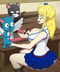 Rule 34 | 1girl, 2boys, absurdres, blonde hair, bosomancer, breasts, cat, cleavage, fairy tail, happy, happy (fairy tail), highres, huge breasts, large breasts, long hair, lucy heartfilia, multiple boys, pantherlily, penis, smile