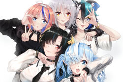 Rule 34 | 5girls, :d, ;p, absurdres, animal ear fluff, animal ears, arm around neck, arm around shoulder, black choker, black hair, black jacket, black necktie, black shirt, blue eyes, blue hair, breasts, choker, closed mouth, collared shirt, commentary request, copyright request, grey hair, grey skirt, hair between eyes, hair over one eye, hand on another&#039;s shoulder, highres, hood, hood down, hooded jacket, horns, jacket, large breasts, long sleeves, multicolored hair, multiple girls, nakatokung, necktie, ok sign, ok sign over eye, one eye closed, open mouth, orange hair, puffy long sleeves, puffy sleeves, red eyes, shirt, short sleeves, simple background, skirt, smile, streaked hair, tongue, tongue out, virtual youtuber, white background, white hair, white shirt