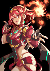 Rule 34 | 1girl, black background, blush, breasts, earrings, fingerless gloves, fire, gem, gloves, highres, jewelry, large breasts, nintendo, pyra (xenoblade), red eyes, red hair, red shorts, short hair, short shorts, shorts, simple background, solo, swept bangs, thighs, tiara, upper body, xenoblade chronicles (series), xenoblade chronicles 2, yuuuun0218