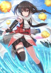 Rule 34 | 10s, 1girl, armpit peek, bird, black gloves, black hair, black neckerchief, black skirt, black thighhighs, blush, brown eyes, buttons, cloud, cloudy sky, day, double-breasted, explosion, fingerless gloves, fishnets, gloves, hair between eyes, hair ornament, highres, holding, kantai collection, kazenokaze, leg up, looking at viewer, neckerchief, ocean, outdoors, outstretched arms, pleated skirt, sash, scarf, sendai (kancolle), sendai kai ni (kancolle), ship, short hair, single thighhigh, skirt, sky, sleeveless, smile, solo, splashing, spread arms, standing, standing on liquid, standing on one leg, sunlight, thigh strap, thighhighs, torpedo, turret, twintails, two side up, water, watercraft, white scarf