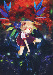 Rule 34 | 1girl, :d, absurdres, animal ears, ascot, barefoot, blonde hair, bow, cat ears, cat girl, fang, female focus, flandre scarlet, hair bow, highres, kemonomimi mode, looking at viewer, no headwear, no headwear, non-web source, open mouth, red eyes, scan, short hair, skull, smile, solo, touhou, virus (obsession), wings