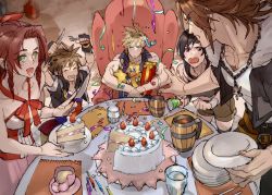Rule 34 | 2girls, 3boys, aerith gainsborough, bare arms, belt, birthday cake, birthday party, black hair, black jacket, black vest, blonde hair, bow, box, breasts, brown background, brown eyes, brown hair, brown shorts, cake, chain, chain necklace, chair, chocobo, closed eyes, cloud strife, cocktail umbrella, confetti, crop top, cropped jacket, cup, dress, final fantasy, final fantasy vii, final fantasy vii advent children, final fantasy viii, fingerless gloves, food, fork, fur collar, gift, gift box, gloves, green eyes, grey shirt, grinding, hair between eyes, hair ribbon, halter dress, halterneck, headband, high collar, holding, holding fork, holding gift, holding knife, holding plate, jacket, jewelry, kingdom hearts, kingdom hearts ii, knife, long hair, medium breasts, medium hair, multicolored clothes, multicolored dress, multiple belts, multiple boys, multiple girls, necklace, open collar, open mouth, outstretched arm, parted bangs, plate, red bow, red ribbon, ribbon, ryouto, shirt, short hair, short sleeves, shorts, sidelocks, sitting, sleeveless, sleeveless shirt, smile, sora (kingdom hearts), spiked hair, squall leonhart, square enix, sweatdrop, table, vest, wavy mouth, white shirt, yuffie kisaragi