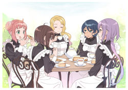 Rule 34 | 5girls, ahoge, apron, black dress, blonde hair, blush, brown hair, cake, chair, closed eyes, cookie, cup, dress, eating, food, food on face, fork, green eyes, highres, holding, holding cup, holding food, holding fork, ito fumi, licking, licking finger, long hair, long sleeves, low ponytail, maid, maid apron, multiple girls, open mouth, original, pink hair, plate, purple hair, saucer, short hair, sidelocks, sitting, smile, table, teacup, teapot, tongue, tongue out, yellow eyes