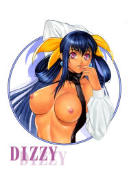 Rule 34 | 1girl, arc system works, bare shoulders, blue hair, breasts, breasts out, character name, circle, collarbone, dizzy (guilty gear), guilty gear, guilty gear x, guilty gear xx, homare (fool&#039;s art), large breasts, long sleeves, nipples, open clothes, open shirt, purple eyes, shirt, simple background, solo, tan, upper body, white background