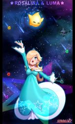 Rule 34 | 1girl, absurdres, arm up, artist name, bare shoulders, blue dress, blue eyes, character name, crown, dress, earrings, eyelashes, frilled sleeves, frills, glowing, hair over one eye, highres, jewelry, luma (mario), mario (series), mini crown, nintendo, open mouth, rosalina, sarukaiwolf, smile, space, star (symbol), star bit, star earrings, super mario galaxy, wand