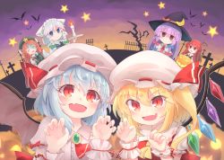 Rule 34 | 6+girls, animal, animal ears, ascot, bare tree, bat (animal), bat wings, beret, black hat, black wings, blonde hair, blue bow, blue eyes, blunt bangs, bow, braid, brooch, candle, claw pose, collared shirt, crescent, dog ears, dog tail, fire, flandre scarlet, graveyard, green bow, green hat, hair between eyes, hair bow, halloween, hat, hat ribbon, head wings, holding, holding tray, hong meiling, izayoi sakuya, jack-o&#039;-lantern, jewelry, kemonomimi mode, kibisake, koakuma, long hair, maid headdress, mob cap, multiple girls, necktie, patchouli knowledge, pink hat, pink shirt, power lines, puffy short sleeves, puffy sleeves, purple eyes, purple hair, red bow, red eyes, red hair, red neckwear, red ribbon, red vest, remilia scarlet, ribbon, shirt, short sleeves, silver hair, slit pupils, star (symbol), tail, tombstone, touhou, tray, tree, twin braids, v-shaped eyebrows, vest, white hat, white headwear, white shirt, wing collar, wings, witch hat, wrist cuffs, yellow neckwear