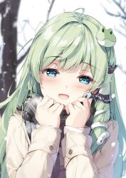 Rule 34 | 1girl, blue eyes, blush, branch, buttons, coat, day, fingernails, frog hair ornament, green eyes, hair ornament, hair tubes, hands up, highres, kochiya sanae, long hair, long sleeves, looking at viewer, miyase mahiro, open mouth, outdoors, scarf, smile, snow, snowing, touhou, tree, upper body, winter clothes, winter coat
