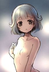 Rule 34 | 10s, 1girl, :o, bang dream!, black hair, breasts, clenched hand, collarbone, getsuyou yasumi, hair flaps, hand up, highres, looking at viewer, nipples, nude, short hair, sketch, small breasts, solo, standing, sweatdrop, upper body, ushigome rimi, wet