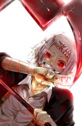 Rule 34 | 10s, 1boy, androgynous, bell, glowing, glowing eyes, hair ornament, hairclip, highres, loose clothes, loose necktie, loose shirt, male focus, necktie, pafufu, red eyes, scythe, shirt, short hair, smile, solo, stitches, suzuya juuzou, suzuya juzo, tokyo ghoul, v, weapon, white hair