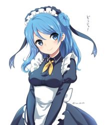 Rule 34 | 10s, 1girl, alternate costume, apron, artist name, blue dress, blue eyes, blue hair, breasts, collar, collared dress, cowboy shot, double bun, dress, enmaided, eyebrows, frills, hair between eyes, hair bun, head tilt, ica, juliet sleeves, kantai collection, long hair, long sleeves, looking at viewer, maid, maid apron, maid headdress, matching hair/eyes, neckerchief, puffy long sleeves, puffy sleeves, ribbon, simple background, smile, solo, tareme, text focus, translation request, twitter username, underbust, urakaze (kancolle), v arms, very long hair, waist apron, white background, yellow neckerchief, yellow ribbon