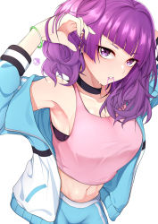 Rule 34 | 1girl, absurdres, armpits, blush, choker, commentary request, diagonal bangs, highres, idolmaster, idolmaster shiny colors, looking at viewer, nello kun, purple eyes, purple hair, simple background, solo, standing, sweat, tanaka mamimi, tank top, white background