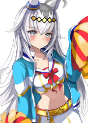 Rule 34 | 1girl, ahoge, animal ears, blue eyes, blue jacket, blush, bow, breasts, closed mouth, commentary request, cosplay, cropped shirt, ear ornament, grey hair, hanamura pink, highres, holding, holding pom poms, horse ears, horse girl, jacket, long hair, long sleeves, medium breasts, midriff, multicolored hair, navel, nice nature (run&amp;win) (umamusume), nice nature (umamusume), nice nature (umamusume) (cosplay), oguri cap (umamusume), open clothes, open jacket, pom pom (cheerleading), pom poms, shirt, simple background, skirt, solo, streaked hair, umamusume, white background, white shirt, white skirt, yellow bow