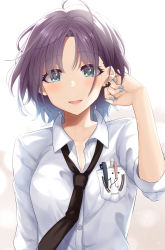Rule 34 | 1girl, :3, antenna hair, aqua eyes, asakura toru, black necktie, blush, breast pocket, breasts, cleavage, collar, collarbone, collared shirt, ear piercing, gradient background, hand in own hair, idolmaster, idolmaster shiny colors, looking at viewer, multicolored hair, nail polish, necktie, oga raito, open mouth, parted bangs, pen, piercing, pocket, shirt, short hair, simple background, sleeves rolled up, small breasts, smile, solo, two-tone hair, upper body, white collar, white shirt