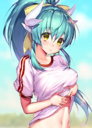 Rule 34 | 1girl, absurdres, blurry, blurry background, blush, clothes lift, commentary request, dragon girl, dragon horns, fate/grand order, fate (series), green hair, gym uniform, highres, horns, kiyohime (fate), looking at viewer, mogullaz, navel, outdoors, parted lips, shirt, shirt lift, short sleeves, solo, white shirt, yellow eyes