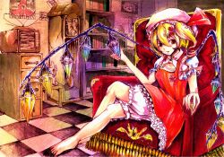Rule 34 | 1girl, armchair, ascot, barefoot, blonde hair, bloomers, book, bookshelf, chair, clock, commentary request, crystal, drawing, dress, file cabinet, flandre scarlet, frilled dress, frills, full body, grandfather clock, hair between eyes, hat, hat ribbon, highres, indoors, jonasan (bad-t), looking at viewer, mob cap, one side up, open mouth, patchouli knowledge, red dress, red eyes, red ribbon, remilia scarlet, ribbon, roman numeral, short hair, smile, solo, static, table, television, touhou, traditional media, underwear, white ascot, white hat, wings, yukkuri shiteitte ne