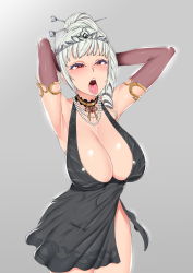 Rule 34 | 1girl, armlet, armpits, arms behind head, bad id, bad pixiv id, black dress, blade &amp; soul, blush, breasts, brown gloves, choker, cleavage, commission, covered navel, cowboy shot, dress, drill hair, elbow gloves, era (erasion), gloves, grey background, hair bun, hair ornament, hair stick, halter dress, halterneck, heart, heart choker, highres, huge breasts, jewelry, jin (blade &amp; soul), lace-trim, lace-trimmed choker, lace trim, necklace, nose blush, open mouth, pearl necklace, red eyes, short dress, side drill, side slit, silver hair, simple background, single hair bun, solo, standing, tiara, tongue, tongue out