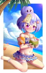 Rule 34 | 1girl, alternate costume, alternate hairstyle, anklet, bandaged leg, bandages, bare legs, bare shoulders, barefoot, beach, bikini, blue sky, blush, cloud, cloudy sky, coconut, coconut tree, collarbone, commentary request, drinking straw, eyes visible through hair, frilled bikini, frills, genshin impact, groin, hair between eyes, hair bobbles, hair bun, hair ornament, highres, holding, horizon, jewelry, jiangshi, long hair, looking at viewer, midriff, navel, nozo.me, ocean, ofuda, orb, palm tree, parted lips, purple eyes, purple hair, qiqi (genshin impact), scrunchie, shell hair ornament, sidelocks, single hair bun, sitting, sky, solo, spaghetti strap, swimsuit, tree, wariza, wrist scrunchie, yin yang, yin yang orb