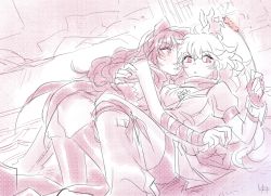 Rule 34 | 2girls, bed, bedroom, blake belladonna, bow, breasts, cat teaser, check commentary, cleavage, commentary request, ember celica (rwby), hair bow, hug, mugupo, multiple girls, pantyhose, rwby, yang xiao long, yuri