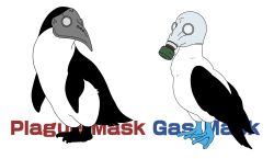 Rule 34 | animal, animal focus, bird, english text, gas mask, gurageida, highres, mask, no humans, original, penguin, plague doctor mask, simple background, standing, white background