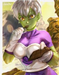 Rule 34 | 1girl, absurdres, armor, artist name, breasts, candy, cheelai, chocolate, chocolate bar, chromatic aberration, collarbone, colored skin, commentary, dragon ball, dragon ball super, dragon ball super broly, eyebrows hidden by hair, eyelashes, food, gloves, green skin, highres, medium breasts, purple shirt, sarulart, shirt, short hair, sky, solo, symbol-only commentary, turtleneck, upper body, white gloves, white hair, yellow eyes, yellow sky