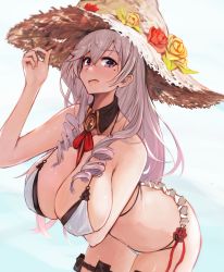 Rule 34 | 1girl, algerie (azur lane), algerie (white sand paradise) (azur lane), azur lane, bikini, breasts, cleavage, commentary request, detached collar, drill hair, drill sidelocks, flower, hair between eyes, hat, hat flower, highres, large breasts, long hair, looking at viewer, marshall k, mole, mole under eye, official alternate costume, open mouth, purple eyes, sidelocks, silver hair, smile, solo, straw hat, sun hat, swimsuit, twin drills, two-tone bikini