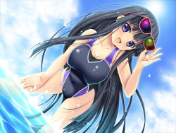 Rule 34 | 1girl, :d, black hair, blue eyes, blush, breasts, competition swimsuit, covered navel, day, covered erect nipples, eyewear on head, happy, large breasts, leaning forward, long hair, noritama (gozen), ocean, one-piece swimsuit, open mouth, original, sky, smile, solo, sunglasses, swimsuit, very long hair, water, water drop, wet