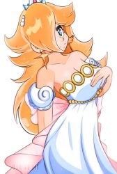 Rule 34 | 1girl, bishoujo senshi sailor moon, blonde hair, blue eyes, bow, breasts, cleavage, collarbone, cosplay, cresscin, crown, detached sleeves, dress, earrings, hair over one eye, hand on own chest, highres, jewelry, large breasts, long hair, looking at viewer, mario (series), nintendo, princess, princess serenity, princess serenity (cosplay), puffy sleeves, rosalina, smile, sparkle, standing, strapless, strapless dress, super mario galaxy, waist bow, white background, white dress