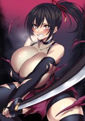 Rule 34 | 1girl, ayame (fallen shinobi), bare shoulders, black hair, blush, covering breasts, covering privates, damaged, elbow gloves, fallen shinobi, fishnet pantyhose, fishnet top, fishnets, forest, gloves, highres, holding, holding sword, holding weapon, hz (666v), katana, mangopartygames, nature, night, night sky, ninja, pantyhose, ponytail, second-party source, sky, spread legs, steam, steaming body, sword, thighhighs, torn clothes, torn gloves, torn thighhighs, weapon