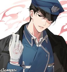 Rule 34 | 1boy, amestris military uniform, amestris symbol, arm at side, artist name, black coat, black eyes, black hair, blue headwear, blue jacket, close-up, coat, collared jacket, commentary, dust, expressionless, fullmetal alchemist, gearous, gloves, hair between eyes, hand up, hat, head tilt, jacket, lips, looking afar, male focus, military, military hat, military uniform, open clothes, open coat, pale skin, parted lips, roy mustang, shadow, simple background, symbol-only commentary, teeth, uniform, upper body, white background, white gloves
