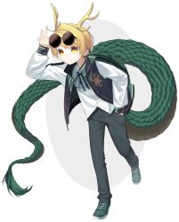 Rule 34 | 1girl, absurdres, antlers, black pants, black ribbon, black vest, blonde hair, blue footwear, collared shirt, commentary request, dragon girl, dragon horns, dragon tail, eyewear on head, full body, hand in pocket, highres, horns, keiki8296, kicchou yachie, long sleeves, neck ribbon, open clothes, open vest, pants, ribbon, round eyewear, shirt, shoes, short hair, solo, sunglasses, tail, touhou, turtle shell, vest, walking, white shirt, yellow eyes, yellow horns