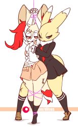 Rule 34 | 2girls, animal ears, animated, animated gif, arms up, artist name, assisted exposure, bdsm, black dress, black sclera, black socks, blinking, blue eyes, blush, bondage, bound, bound feet, bound legs, bound wrists, bra, braixen, breasts, brown footwear, clothes pull, colored sclera, creatures (company), crossover, digimon, digimon (creature), diives, dress, fang, fox ears, fox tail, full body, furry, game freak, gen 6 pokemon, green bra, half-closed eyes, hands together, hands up, heart, highres, kneehighs, legs apart, long sleeves, looking down, medium breasts, multiple girls, necktie, nintendo, open fly, open mouth, panties, patreon logo, patreon username, pink skirt, pokemon, pokemon (creature), pokemon xy, popped button, red eyes, red neckwear, renamon, school uniform, shirt, shoes, short sleeves, simple background, skirt, skirt pull, socks, standing, tail, teeth, text focus, unbuttoned, underwear, uniform, watermark, web address, white background, white panties, white shirt, yuri
