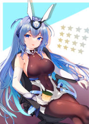Rule 34 | 1girl, :p, absurdres, arm rest, armpit crease, azur lane, bare shoulders, black pantyhose, blue background, blue eyes, blue hair, bodystocking, breasts, bubble tea, center opening, chair, chinese commentary, commentary request, covered navel, cowboy shot, cup, disposable cup, dress, drop shadow, elbow gloves, gloves, hair between eyes, headgear, highres, holding, holding cup, large breasts, long hair, looking at viewer, new jersey (azur lane), pantyhose, ru yan, sidelocks, sitting, smile, solo, star (symbol), starry background, tongue, tongue out, very long hair, white background, white dress, white gloves