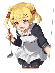 Rule 34 | 1girl, :d, ajidot, animal ears, apron, arknights, bear ears, black shirt, black skirt, blonde hair, candy hair ornament, cropped legs, food-themed hair ornament, gummy (arknights), gummy (elite ii) (arknights), hair ornament, hairclip, holding, ladle, long sleeves, looking at viewer, open mouth, pantyhose, pleated skirt, red eyes, red pantyhose, shirt, simple background, skirt, smile, solo, two side up, white apron, white background