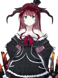Rule 34 | 1girl, bare shoulders, black dress, blue eyes, blush, bow, brown hair, dress, fang, fang out, flower, frilled dress, frills, green eyes, hands on own hips, hat, highres, horns, long hair, mini hat, mini top hat, original, red bow, rose, shikuro (iorimiyakiyo), simple background, solo, top hat