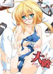 Rule 34 | 10s, 1girl, blonde hair, blue eyes, blush, breasts, cameltoe, glasses, i-8 (kancolle), kantai collection, kirisawa tokito, large breasts, looking at viewer, navel, nipples, school swimsuit, solo, swimsuit, torn clothes, torn swimsuit, twintails