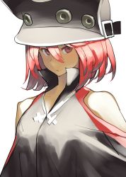 Rule 34 | 1girl, cape, closed mouth, dark skin, dark-skinned female, expressionless, guilty gear, guilty gear xrd, hat, large hat, looking at viewer, ramlethal valentine, red eyes, red hair, short hair, simple background, solo, white background, zaki (narashigeo)