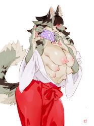 Rule 34 | 1girl, animal ears, animal hands, bebebe, blush, breasts, brown hair, cellphone, claws, cowboy shot, dog ears, dog tail, extra breasts, female focus, furry, furry female, grey hair, hair over eyes, hakama, hakama skirt, hands up, happy, holding, inazuma (bebebe), japanese clothes, kimono, kimono pull, large breasts, medium breasts, miko, multicolored hair, navel, nipples, no humans, nose blush, off shoulder, open mouth, original, pawpads, phone, pinky out, red hakama, selfie, sharp teeth, shiny skin, simple background, skirt, small breasts, smile, solo, standing, sweat, tail, teeth, two-tone hair, watermark, white background, white kimono, wide sleeves