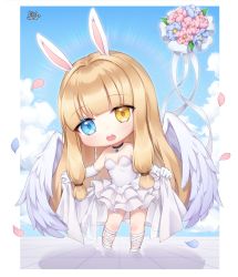 Rule 34 | 1girl, :o, animal ears, bare shoulders, black choker, blonde hair, blue eyes, blue flower, blue sky, blush, breasts, chibi, choker, cloud, cloudy sky, commentary request, commission, day, dress, elbow gloves, feathered wings, flower, gloves, heterochromia, leaning to the side, long hair, medium breasts, open mouth, original, petals, pink flower, pong (vndn124), rabbit ears, shadow, sky, solo, standing, strapless, strapless dress, teeth, tile floor, tiles, upper teeth only, very long hair, white dress, white footwear, white gloves, white wings, wings, yellow eyes