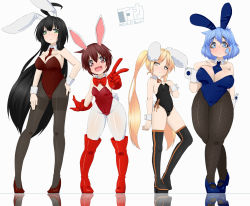 Rule 34 | 4girls, ahoge, animal ears, between breasts, black hair, black legwear, blonde hair, blue eyes, blue hair, blush, boots, bow, bowtie, breasts, clothes between breasts, detached collar, fake animal ears, female focus, fishnet legwear, fishnets, flat chest, frown, gloves, hair ornament, hair ribbon, hand on own hip, highres, hip focus, huge breasts, inaka keikou, legs, leotard, long hair, multiple girls, necktie, open mouth, original, pantyhose, playboy bunny, rabbit ears, rabbit tail, red eyes, red hair, reflection, ribbon, saku hinoko, sho yayoi, short hair, simple background, smile, standing, tail, thigh boots, thighhighs, thighs, twintails, v, very long hair, white background, wide hips, wrist cuffs, yellow eyes