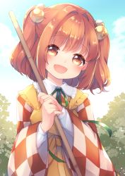 Rule 34 | 1girl, :d, apron, bamboo broom, bell, blue sky, blush, broom, checkered clothes, checkered kimono, cloud, commentary request, day, frilled shirt collar, frills, green ribbon, hair bell, hair intakes, hair ornament, head tilt, holding, holding broom, japanese clothes, jingle bell, kimono, long sleeves, looking at viewer, motoori kosuzu, neck ribbon, open mouth, orange eyes, orange hair, outdoors, red kimono, ribbon, sen1986, shirt, short hair, sky, smile, solo, touhou, two side up, upper body, white kimono, white shirt, wide sleeves, yellow apron