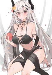 Rule 34 | 1girl, absurdres, apple, arknights, bare shoulders, bikini, black bikini, black choker, choker, commentary request, food, fruit, highres, holding, holding food, holding fruit, horns, long hair, looking at viewer, material growth, mudrock (arknights), mudrock (silent night) (arknights), navel, official alternate costume, oripathy lesion (arknights), pointy ears, red eyes, shino duka, solo, stomach, swimsuit, thighs, very long hair, white hair