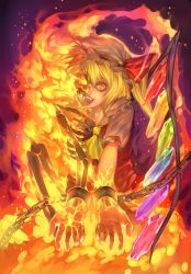 Rule 34 | 1girl, ascot, blonde hair, bone, burning at the stake, chained, chain, cuffs, fire, flandre scarlet, hat, hat ribbon, highres, irohara mitabi, jacket, looking at viewer, mob cap, open clothes, open jacket, open mouth, puffy short sleeves, puffy sleeves, red eyes, ribbon, shackles, short sleeves, side ponytail, skeleton, smile, solo, touhou, wings