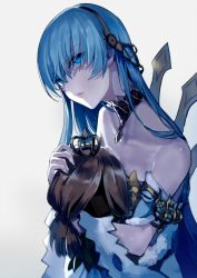 Rule 34 | 1girl, anastasia (fate), bare shoulders, blue dress, blue eyes, blue hair, blurry, brown hair, brown hairband, closed mouth, collar, collarbone, commentary request, crown, depth of field, doll, dress, fate/grand order, fate (series), fur-trimmed dress, fur trim, hairband, hand on own head, head tilt, holding, holding doll, jewelry, light, light particles, light smile, lips, long hair, looking up, mini crown, neck ring, royal robe, simple background, solo, straight hair, strapless, strapless dress, tareme, upper body, very long hair, viy (fate), walzrj, white background, yellow hairband