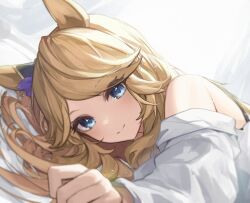 1girl animal_ears bed_sheet blue_eyes blurry blush bra_strap closed_mouth depth_of_field gold_city_(umamusume) highres horse_ears horse_girl long_hair long_sleeves looking_at_viewer lying off_shoulder on_side reaching reaching_towards_viewer shino_sto shirt smile solo split_mouth umamusume upper_body white_shirt