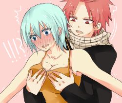 Rule 34 | !, 1boy, 1girl, ?, bare shoulders, blue eyes, blue hair, blush, grabbing another&#039;s breast, breasts, cleavage, fairy tail, grabbing, hetero, lisanna strauss, natsu dragneel, open mouth, pink background, pink hair, red eyes, scarf, short hair