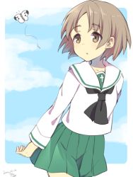 Rule 34 | 10s, 1girl, bad id, bad pixiv id, black neckerchief, blouse, brown eyes, brown hair, bug, butterfly, cowboy shot, girls und panzer, green skirt, insect, long sleeves, looking at another, maruyama saki, miniskirt, neckerchief, ooarai school uniform, pleated skirt, school uniform, serafuku, shimamizu eke, shirt, short hair, skirt, solo, standing, white shirt