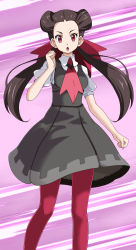 Rule 34 | 1girl, black skirt, brown hair, commentary request, creatures (company), game freak, highres, looking at viewer, low twintails, nintendo, open mouth, pantyhose, pink background, pokemon, pokemon oras, puffy short sleeves, puffy sleeves, red eyes, red pantyhose, roxanne (pokemon), short sleeves, skirt, solo, standing, tsukishiro saika, twintails
