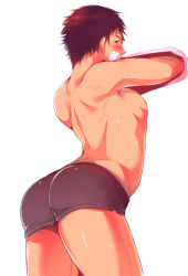 Rule 34 | 1boy, ass, black hair, blush, funkasiahq, looking back, male focus, miyuki atsushi, topless male, solo, sweat, undressing